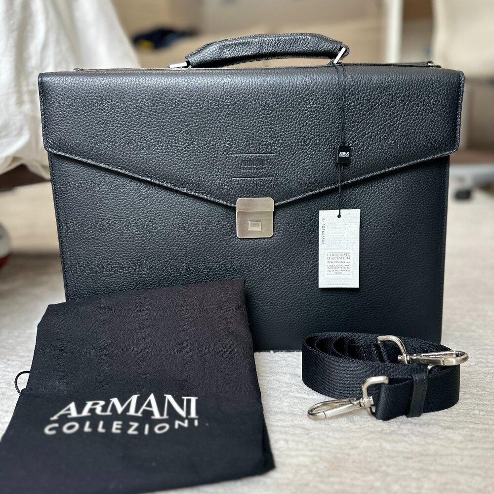 ARMANI COLLEZIONI Black Pebbled Calf Leather Briefcase/Messenger Bag